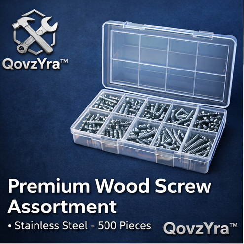 QovzYra™ Premium Wood Screw Assortment – 500 Pieces, Stainless Steel, Multi-Sizes